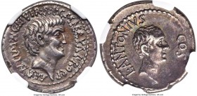 Marc Antony, as Triumvir (44-30 BC), with Lucius Antonius. AR denarius (20mm, 3.69 gm, 1h). NCG XF 5/5 - 4/5 Fine Style. Military mint in Greece or As...
