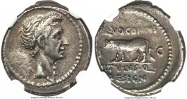 Divus Julius Caesar (49-44 BC). AR denarius (19mm, 3.93 gm, 12h). NGC XF 4/5 - 4/5. Rome, 40 BC, Q. Voconius Vitulus, moneyer. Wreathed head of Divus ...