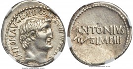 Marc Antony, as Triumvir and Imperator (44-30 BC). AR denarius (20mm, 3.83 gm, 5h). NGC AU 4/5 - 3/5, brushed. Mint moving with Antony, 33/2 BC, M. Ju...