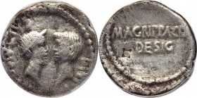 The Triumvirs. Octavian, Divus Julius Caesar, and Agrippa. 38 BC. AR denarius (19mm, 7h). ANACS VG 8, reengraved, tooled. Military mint traveling with...