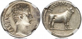 Augustus (27 BC-AD 14). AR denarius (19mm, 3.88 gm, 12h). NGC AU 5/5 - 4/5, Fine Style. Pergamum, ca. 27 BC. CAESAR, bare head of Augustus right; dott...