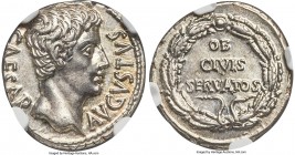 Augustus (27 BC-AD 14). AR denarius (19mm, 3.89 gm, 5h). NGC Choice AU 4/5 - 5/5. Spain, Colonia Patricia, ca. 19-18 BC. AVGVSTVS-CAESAR, bare head of...