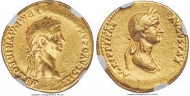 Claudius I (AD 41-54), with Agrippina Junior. AV aureus (19mm, 7.49 gm, 5h). NGC Choice VF 4/5 - 3/5, edge marks. Rome, AD 50-54. TI CLAVD CAESAR AVG ...