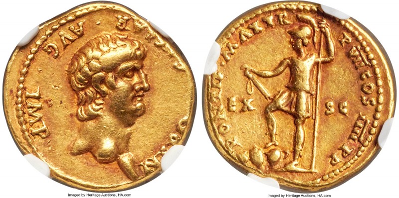 Nero (AD 54-68). AV aureus (18mm, 7.58 gm, 4h). NGC Choice VF 4/5 - 4/5. Rome, A...