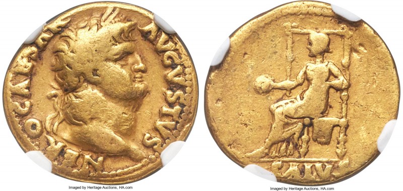 Nero (AD 54-68). AV aureus (18mm, 7.10 gm, 7h). NGC Fine 4/5 - 3/5. Rome, AD 65-...