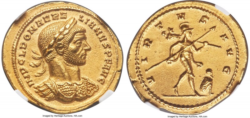 Aurelian (AD 270-275). AV aureus (22mm, 4.49 gm, 1h). NGC Choice AU 5/5 – 2/5, b...