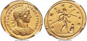 Aurelian (AD 270-275). AV aureus (22mm, 4.49 gm, 1h). NGC Choice AU 5/5 – 2/5, brushed. Rome or Milan, AD 274-275. IMP C L DOM AVRE-LIANVS P F AVG, la...