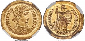Theodosius I, Eastern Roman Empire (AD 379-395). AV solidus (20mm, 4.45 gm, 11h). NGC MS 5/5 - 4/5. Constantinople, 9th officina, AD 383-388. D N THEO...