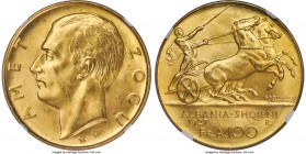 Zog I gold 100 Franga Ari 1927-R MS64 NGC, Rome mint, KM11a.3. Two stars below bust variety. Planchet aglow with satin-luster, a charming specimen of ...