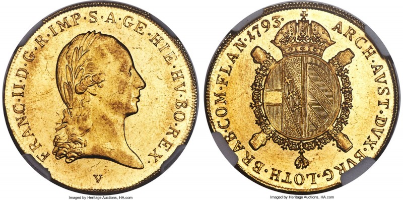 Franz II gold Restrike Souverain d'Or 1793-V MS62 NGC, Gunzberg mint, KM64. A fl...