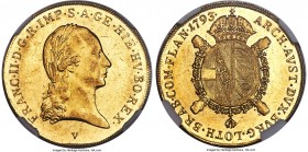 Franz II gold Restrike Souverain d'Or 1793-V MS62 NGC, Gunzberg mint, KM64. A flashy and pleasingly reflective issue, restruck at the Gunzberg mint in...