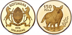 Republic gold Proof "Wild Hyena" 150 Pula 1978 PR69 Ultra Cameo NGC, KM13. Mintage: 219. Conservation series, depicting a Brown Hyena. Scarce, both in...