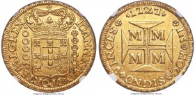 João V gold 10000 Reis 1727-M MS62 NGC Minas Gerais mint, KM116, LMB-247, Gomes-104.04. Fully lustrous with wide, dentilated rims, this scarce, final ...