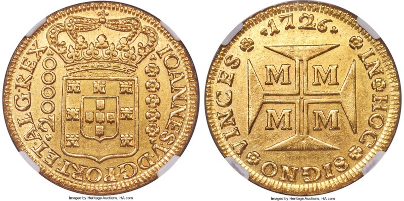 João V gold 20000 Reis 1726-M AU58 NGC, Minas Gerais mint, KM117, LMB-250. Highl...