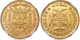João V gold 20000 Reis 1726-M AU58 NGC, Minas Gerais mint, KM117, LMB-250. Highly lustrous, a hefty piece with minor rub to the highpoints but general...