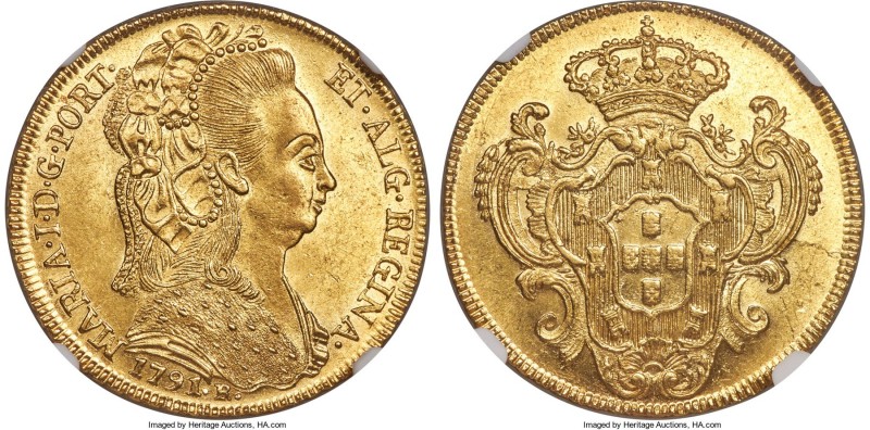 Maria I gold 6400 Reis 1791-R MS64 NGC, Rio de Janeiro mint, KM226.1, LMB-546. O...