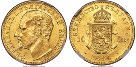 Ferdinand I gold 10 Leva 1894-KB MS62 NGC, Kremnitz mint, KM19. Brilliant and offering strong visual appeal for the assigned grade. Few survive in bet...