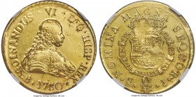 Ferdinand VI gold 8 Escudos 1750 So-J MS60 NGC, Santiago mint, KM3, Onza-642. Poorly struck yet perfectly Mint State with abundant reflective luster.
...