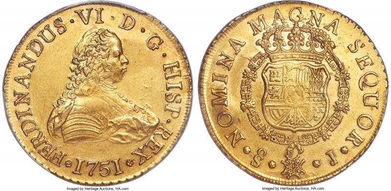 Ferdinand VI gold 8 Escudos 1751 So-J UNC Details (Cleaned) PCGS, Santiago mint,...