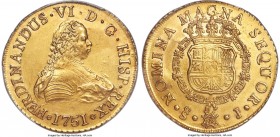 Ferdinand VI gold 8 Escudos 1751 So-J UNC Details (Cleaned) PCGS, Santiago mint, KM3, Fr-5. Brushed in the fields commensurate with the 'cleaned' desi...