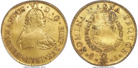 Ferdinand VI gold 8 Escudos 1751 So-J AU58 PCGS, Santiago mint, KM3, Cal-72. A bright and sunny coin with attractive golden luster. The centers are ra...