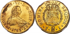 Ferdinand VI gold 8 Escudos 1753 So-J AU58 NGC, Santiago mint, KM3, Onza-647. Glowingly lustrous, this near-mint example truly comes within only a hai...