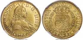 Ferdinand VI gold 8 Escudos 1756/5 So-J MS63 NGC, Santiago mint, KM3. The single highest certified example of this type by NGC, with none graded by PC...