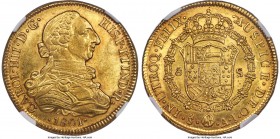 Charles IV gold 8 Escudos 1801 So-AJ AU58+ NGC, Santiago mint, KM54. One of the better examples one could hope to find of this type. Truly on the edge...