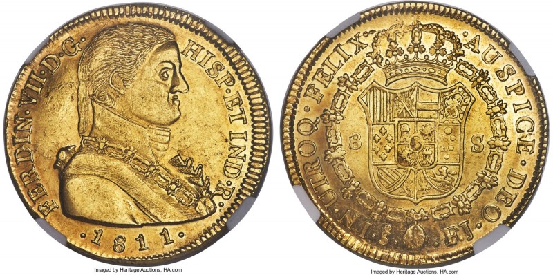 Ferdinand VII gold 8 Escudos 1811 So-FJ MS61 NGC, Santiago mint, KM72. Imagined ...