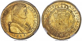 Ferdinand VII gold 8 Escudos 1811 So-FJ MS61 NGC, Santiago mint, KM72. Imagined military bust. Struck just slightly left-of-center, resulting in an im...