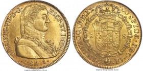 Ferdinand VII gold 8 Escudos 1811 So-FJ AU55 PCGS, Santiago mint, KM72, Fr-28. Imagined military bust. The final year of issue for the type featuring ...