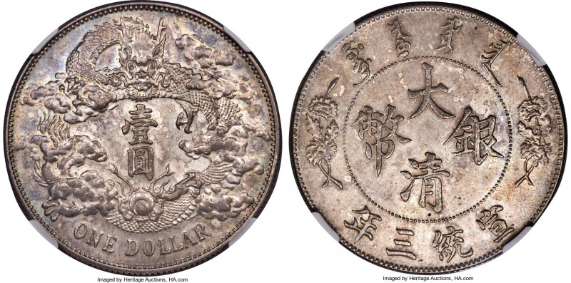 Hsüan-t'ung Dollar Year 3 (1911) MS62 NGC, KM-Y31, L&M-37. No period, extra flam...