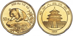People's Republic gold "Small Date" Panda 50 Yuan (1/2 oz) 1999 MS69 NGC, KM1220. Exceedingly lustrous and boasting a complete contrast between the de...