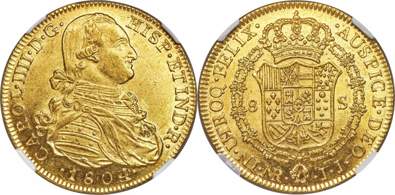 Charles IV gold 8 Escudos 1804/3 NR-JJ MS62 NGC, Nuevo Reino mint, KM62.1. Brigh...