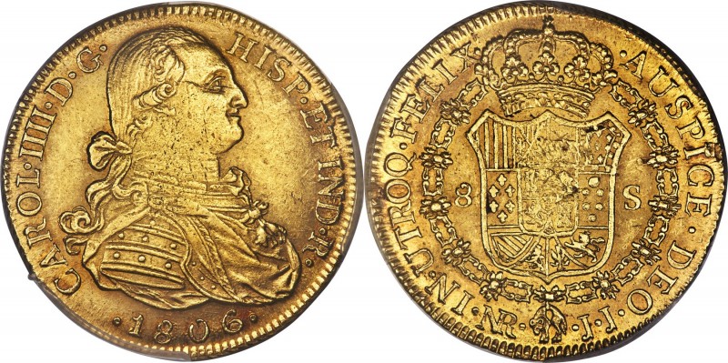 Charles IV gold 8 Escudos 1806 NR-JJ MS62 PCGS, Nuevo Reino mint, KM62.1, Cal-89...