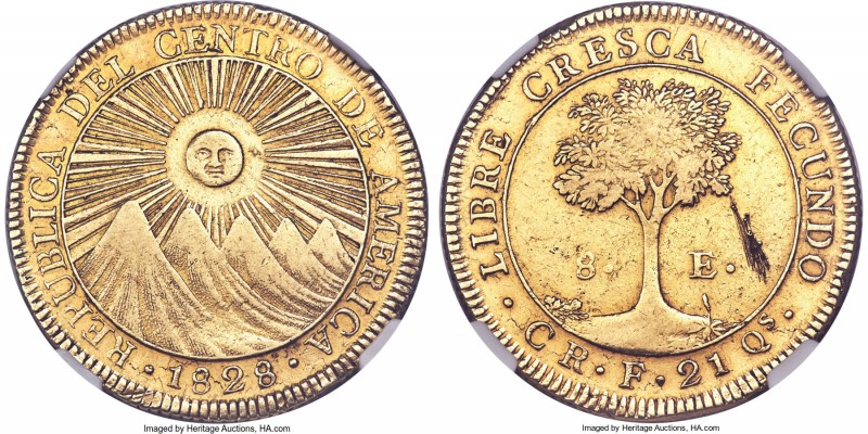 Central American Republic gold 8 Escudos 1828 CR-F XF Details (Removed From Jewe...