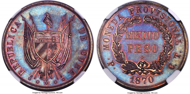 Provisional Republic copper Proof Pattern 1/2 Peso 1870 P-CT PR64+ Brown NGC, Po...
