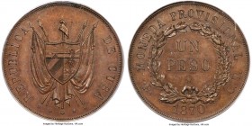 Provisional Republic copper Proof Pattern Peso 1870 P-CT PR63 Brown PCGS, Potosi mint, KM-X5a. Deeply mahogany-brown in color, with darker tone that c...