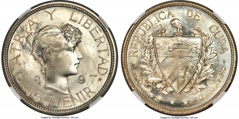 Republic silver Souvenir Peso 1897 MS65 NGC, Gorham mint, KM-XM1. Wide Date vari...