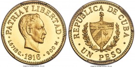 Republic gold Proof Peso 1916 PR67 Deep Cameo PCGS, Philadelphia mint, KM16, Fr-7. Fully gem, with exceptional cameo contrast noted between the thick ...