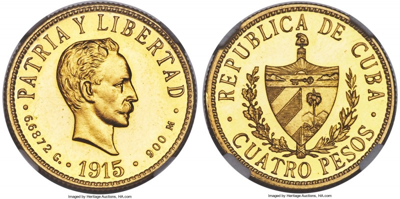 Republic gold Proof 4 Pesos 1915 PR64 Cameo NGC, Philadelphia mint, KM18. Only 1...