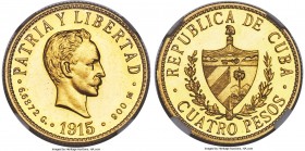 Republic gold Proof 4 Pesos 1915 PR64 Cameo NGC, Philadelphia mint, KM18. Only 100 pieces of this type were struck as Proofs - and due to their high p...