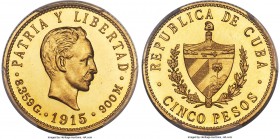 Republic gold Proof 5 Pesos 1915 PR64 Deep Cameo PCGS, Philadelphia mint, KM18. Proof Mintage: 100. A popular Cuban Proof type, near-gem with an unbea...