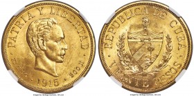 Republic gold 20 Pesos 1915 MS63 NGC, Philadelphia mint, KM21. Lustrous, a pleasing example of this one-year type with satin surfaces and mostly trivi...