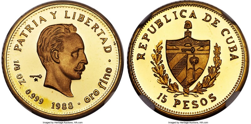 Republic gold Proof Piefort "Jose Marti" 15 Pesos 1988 PR69 Ultra Cameo NGC, KM-...