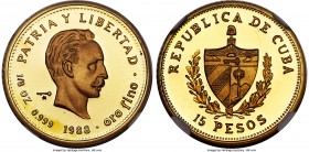 Republic gold Proof Piefort "Jose Marti" 15 Pesos 1988 PR69 Ultra Cameo NGC, KM-P6. Mintage: 15. An essentially perfect example of this elusive modern...