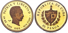 Republic gold Proof Piefort "Jose Marti" 25 Pesos 1988 PR68 Ultra Cameo NGC, KM-P8. Mintage: 10. Very lightly toned throughout, with a full cameo cont...