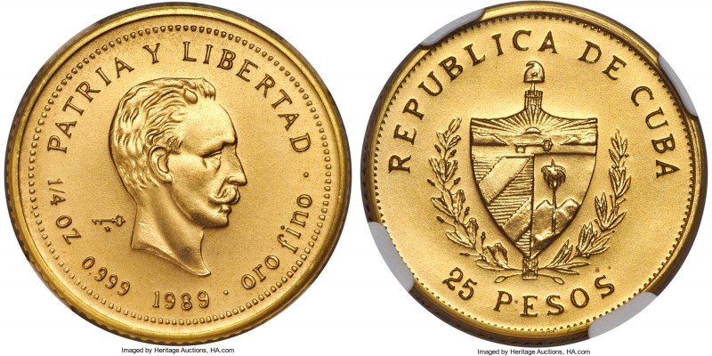 Republic gold Piefort "Jose Marti" 25 Pesos 1989 MS69 NGC, KM-P20. Mintage: 10. ...