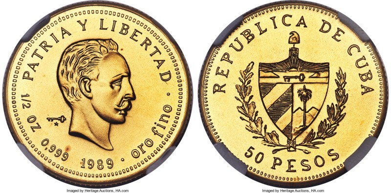 Republic gold "Jose Marti" 50 Pesos 1989 MS69 NGC, KM214, Fr-214. Mintage: 12. S...
