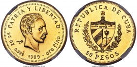 Republic gold "Jose Marti" 50 Pesos 1989 MS69 NGC, KM214, Fr-214. Mintage: 12. Struck in a satin finish, which is essentially undisturbed by handling ...